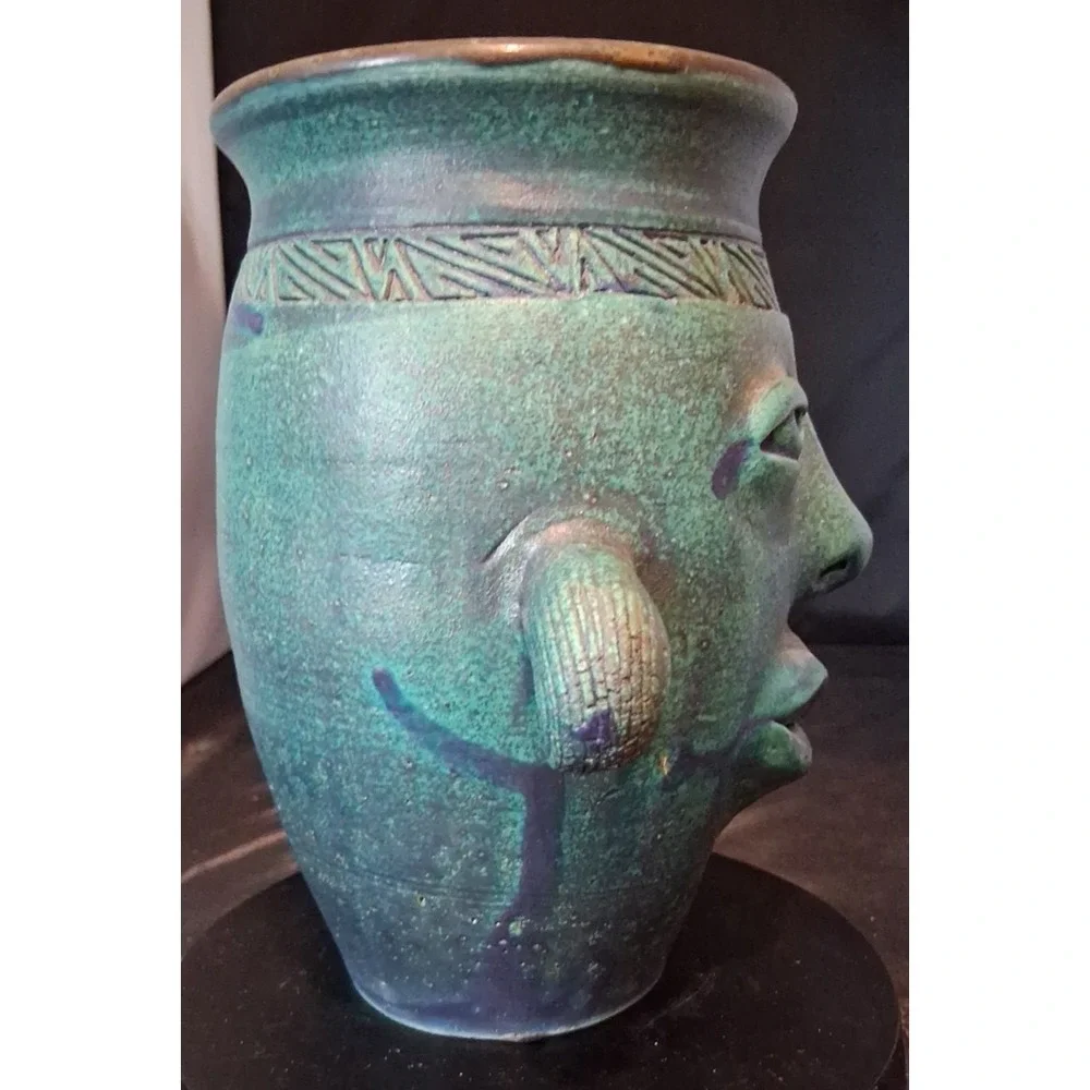 Bruce Fontaine Orig. Turquoise Glazed Ceramic Vase with Abstract Human Face